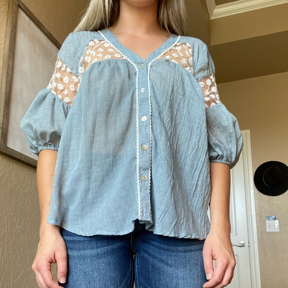 Blue Blouse with Lace Embellishment